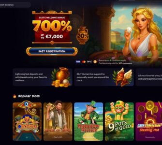 Promotional hero banner for an online casino offering 700% welcome bonus up to €7,000, featuring a blonde woman in a white dress beside a temple backdrop and a Fast Registration button.