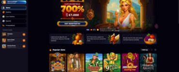 Promotional hero banner for an online casino offering 700% welcome bonus up to €7,000, featuring a blonde woman in a white dress beside a temple backdrop and a Fast Registration button.