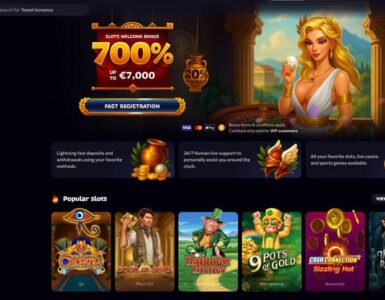 Promotional hero banner for an online casino offering 700% welcome bonus up to €7,000, featuring a blonde woman in a white dress beside a temple backdrop and a Fast Registration button.
