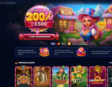 Online casino homepage hero with a dark blue left navigation panel, a vibrant fantasy banner offering 200% first deposit bonus up to €500, and a row of colorful popular slots thumbnails on a dark background