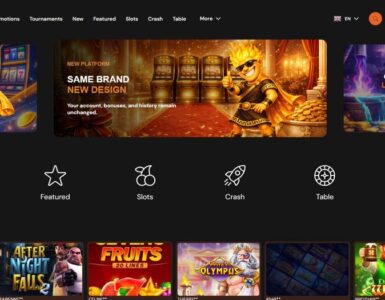 Casino homepage header with three promotional banners and dark theme, featuring cartoon characters and gold treasure imagery for promos and new platform design.