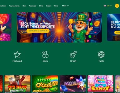 Casino homepage with three promotional banners on a green background, followed by category icons (New, Featured, Slots, Crash, Table, Live Dealer) and recent winners thumbnails.
