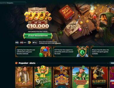 Dark online casino homepage with left navigation and a colorful hero banner promoting up to €10,000 bonus and a fast registration CTA.