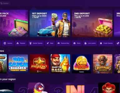 Homepage of an online casino with purple theme, left navigation menu, top promo banners, and rows of game icons like Top games and Top 10 in your region.