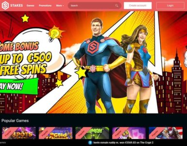 Banner showing a superhero-themed casino promo: "Welcome Bonus 100% up to €500 + 100 Free Spins" with a green "Play Now!" button against a cityscape background.